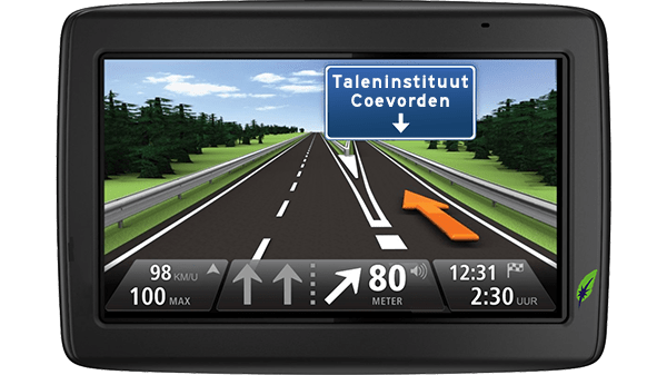 Taleninstituut in Coevorden - Goed op weg met Dagnall Talen Screenshot navigatiesysteem met tekst Taleninstituut Coevorden aangegeven - in kleur op transparante achtergrond - 600 * 337 pixels